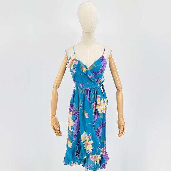 Vintage 70s/80s Plain Jane Esprit Turquoise Purple Tropical Floral - Picture 1 of 7